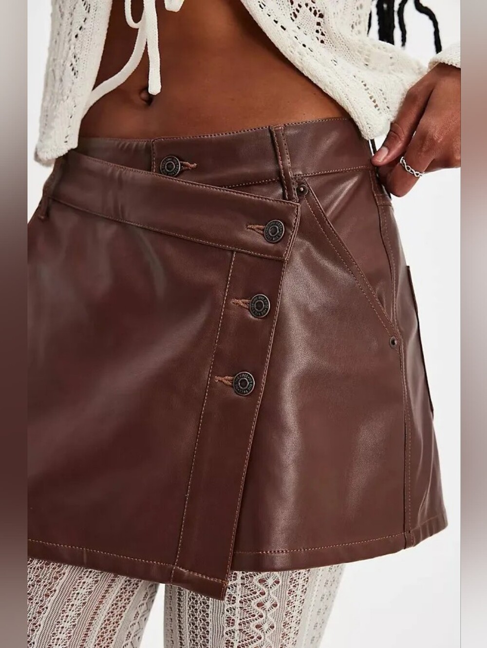 We The Free Brown Wynne Faux Leather Button-Front Mini Skirt